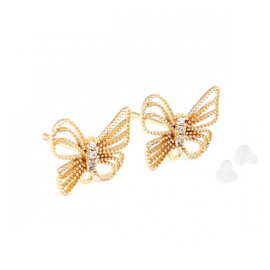 Picture of Brass Ear Post Stud Earrings 18K Gold Filled Butterfly Animal Clear Rhinestone 11mm x 10mm, Post/ Wire Size: (21 gauge), 2 PCs                                                                                                                                