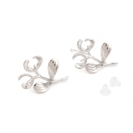 Picture of Brass Ear Post Stud Earrings 18K Platinum Filled Branch 19mm x 14mm, Post/ Wire Size: (21 gauge), 2 PCs