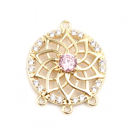 Brass Connectors Round 18K Gold Filled Flower Pink Rhinestone 18mm x 15mm, 2 PCs