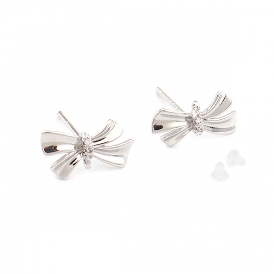 Picture of Brass Ear Post Stud Earrings 18K Platinum Filled Bowknot Clear Rhinestone 13mm x 8mm, Post/ Wire Size: (21 gauge), 2 PCs                                                                                                                                      