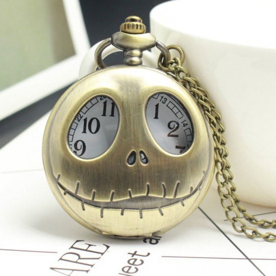 Bild von Taschenuhr Uhr (inkl. Batterie) Halloween Schädel Versilbert 80cm lang, 1 Stück