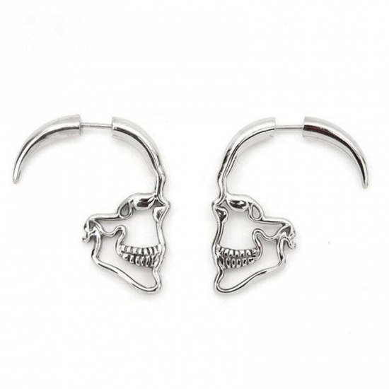 Picture of Halloween Double Sided Ear Post Stud Earrings Black Skeleton Skull Mask 16mm x 9mm 1 Pair