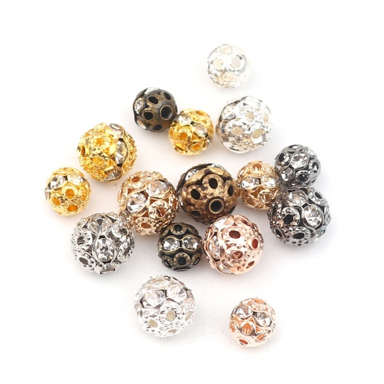 Изображение Copper Beads Round Rose Gold Clear Rhinestone About 8mm Dia, Hole: Approx 1.3mm, 50 PCs