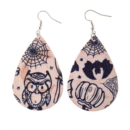 PU Leather Halloween Earrings Silver Color Light Beige Drop 7.7cm x 3.5cm, 1 Pair