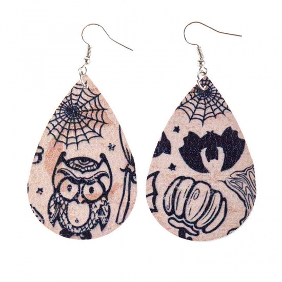 Picture of PU Leather Halloween Earrings Silver Color Light Beige Drop 7.7cm x 3.5cm, 1 Pair