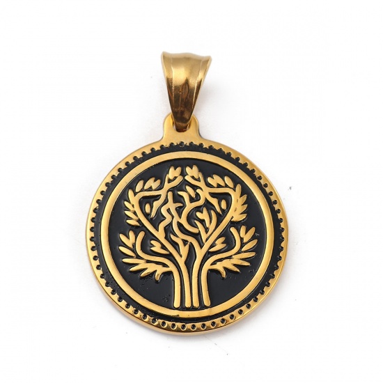 Immagine di 316L Acciaio Inossidabile Ciondoli Tondo Oro Placcato Nero Albero Smalto 36mm x 25mm, 1 Pz” 