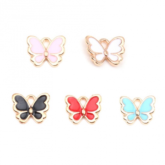Picture of Zinc Based Alloy Insect Charms Butterfly Animal Gold Plated Black Enamel 13mm x 11mm, 20 PCs
