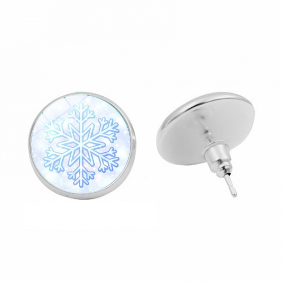 Picture of Ear Post Stud Earrings Silver Tone Blue Round Christmas Snowflake 15mm( 5/8") Dia., 1 Pair
