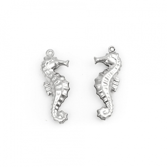 Immagine di 304 Acciaio Inossidabile Gioielli Oceanici Charms Cavalluccio Marino Tono Argento Vuoto 26mm x 10mm, 10 Pz