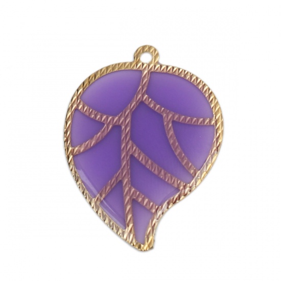 Imagen de Latón & Resina Colgantes Charms Chapado en Oro Púrpura Hoja 26mm x 19mm, 5 Unidades