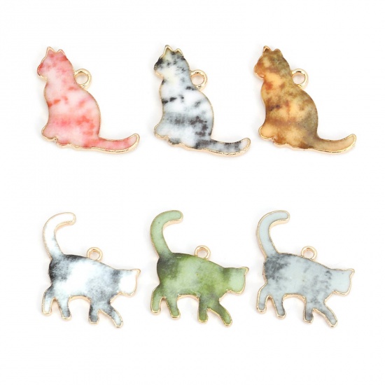 Picture of Zinc Based Alloy Charms Cat Animal KC Gold Plated White & Gray Enamel 21mm x 20mm, 10 PCs