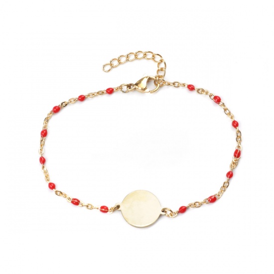 Picture of 304 Stainless Steel Bracelets Gold Plated Red Enamel Round 18cm(7 1/8") long, 1 Piece