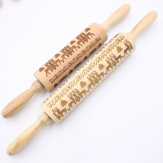 Picture of Khaki - style18 Christmas Deer Wooden Rolling Pin Embossing Baking Cookies Noodle Biscuit Fondant Cake Dough Patterned Roller Snowflake