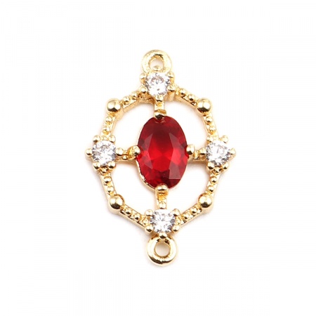 Ottone Connettore Ovale 18K Vero Oro Placcato Filigrana Rosso Strass 18mm x 12mm, 2 Pz