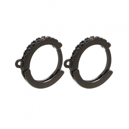 Brass Ear Clips Earrings Gunmetal Round W/ Loop Black Cubic Zirconia 16mm x 14mm, Post/ Wire Size: (18 gauge), 1 Pair