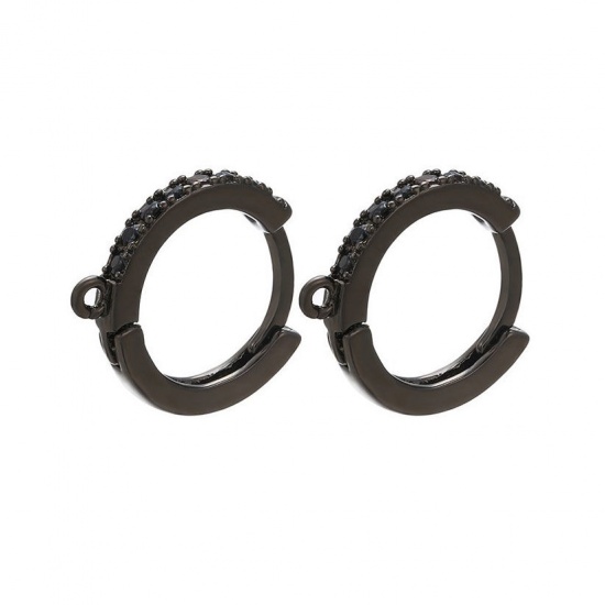 Picture of Brass Ear Clips Earrings Gunmetal Round W/ Loop Black Cubic Zirconia 16mm x 14mm, Post/ Wire Size: (18 gauge), 1 Pair                                                                                                                                         