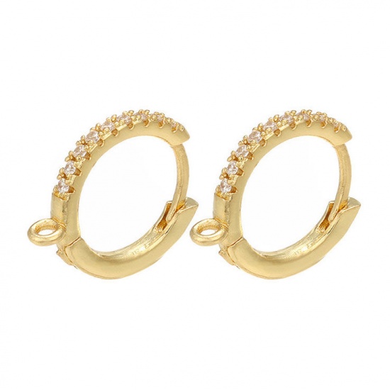 Picture of Brass Ear Clips Earrings 18K Gold Filled Round W/ Loop Clear Cubic Zirconia 16mm x 15mm, Post/ Wire Size: (18 gauge), 1 Pair                                                                                                                                  