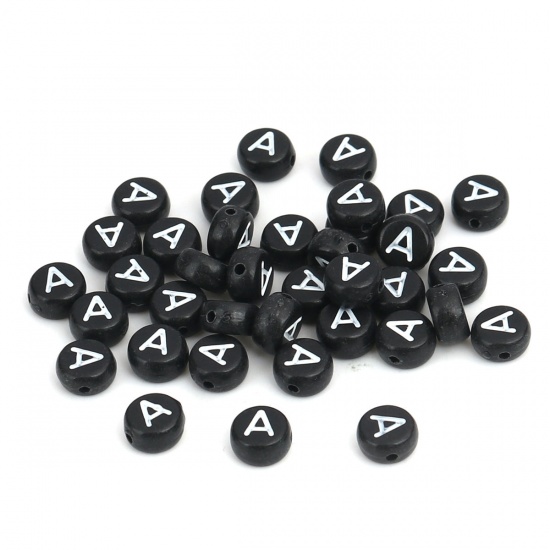 Picture of Acrylic Beads Flat Round Black & White Initial Alphabet/ Capital Letter Pattern Message " A " About 7mm Dia., Hole: Approx 1.2mm, 500 PCs