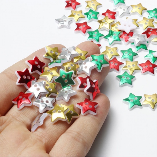 Picture of Resin Sewing Buttons Scrapbooking 2 Holes Pentagram Star Silver 13mm x 12mm, 100 PCs