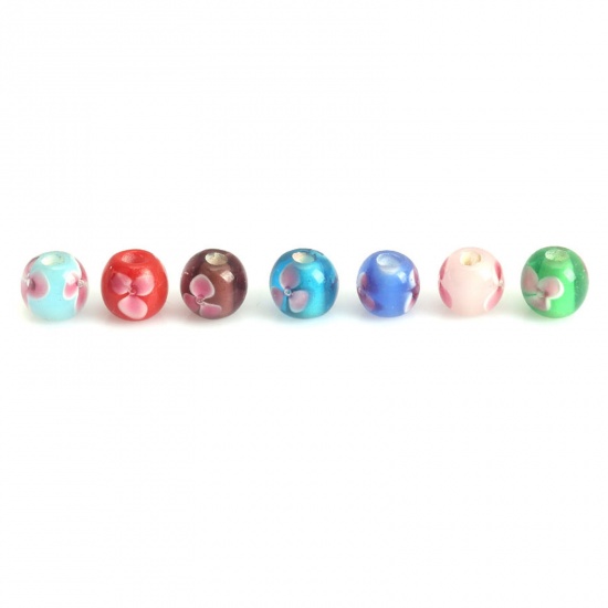 Picture of Lampwork Glass Beads Round Multicolor Flower About 8mm Dia, Hole: Approx 2.6mm, 5 PCs