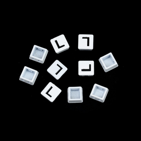 Immagine di Lega di Zinco Smalto Perline Due Fori Quadrato Nero & Bianco Lettera Maiuscola Scolpisce Lettere " E " Smalto Circa 8mm x 8mm, Foro:Circa 1.1mm, 10 Pz