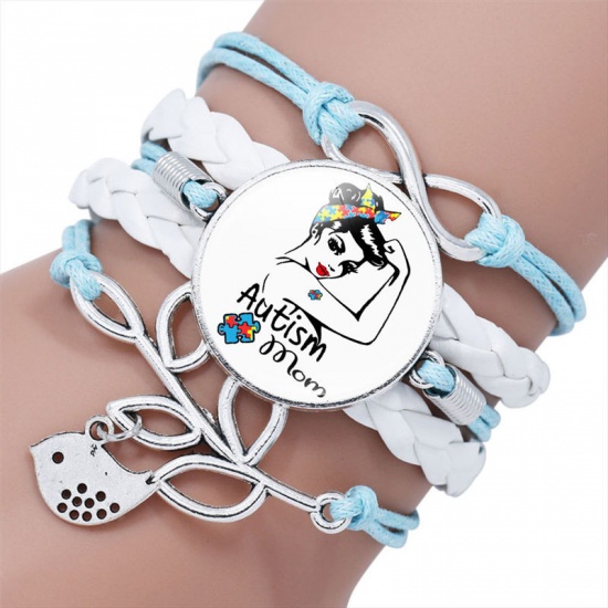 Immagine di Similpelle Bambini Braccialetti Intrecciati Tono Argento Nero Mani Pezzo del Puzzle di Consapevolezza di Autismo Lettere " LOVE " Regolabile 16cm Lunghezza, 1 Pz