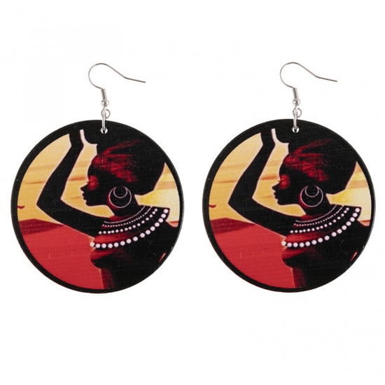 Picture of Wood African Tribal Ethnic Jewelry Earrings Multicolor Message " Queen " 8cm x 6cm, 1 Pair