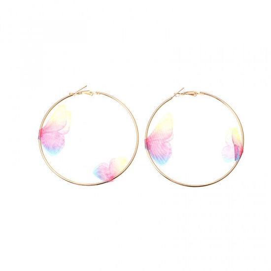 Picture of Hoop Earrings Gold Plated Pink Circle Ring Butterfly 75mm x 70mm, 1 Pair