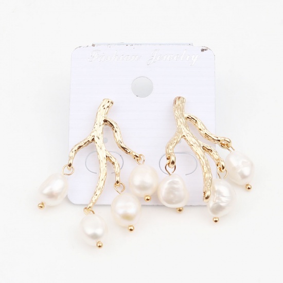 Immagine di Pearl Earrings 16K Real Gold Plated Creamy-White Irregular 65mm x 16mm, Post/ Wire Size: (21 gauge), 1 Pair