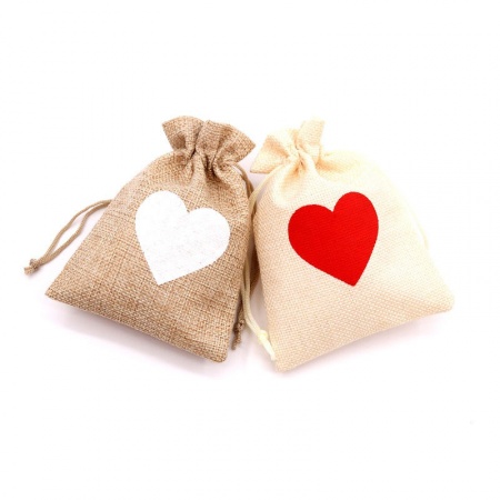 Jute Drawstring Bags Rectangle Brown Heart 14cm x 10cm, 5 PCs