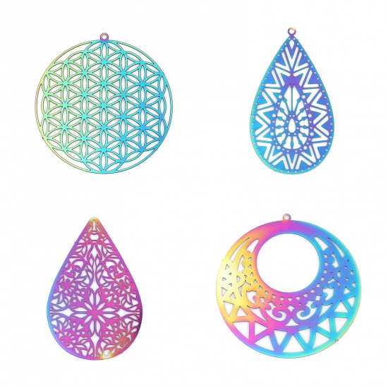 Picture of Stainless Steel Filigree Stamping Pendants Drop Purple & Blue Filigree 39mm x 28mm, 10 PCs