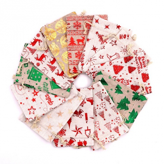 Image de Sachet avec Cordon de Serrage en Coton & Lin Forme Rectangle Or Boîtes de cadeau Noël 14cm x 10cm, 10 Pcs