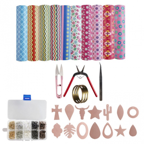 Immagine di Mixed - Leather Earring Making Kit Include Instructions, Templates, 4 Kinds of Faux Leather Sheets and Tools for Making Leather Earrings, Bows and Crafts，1 Set