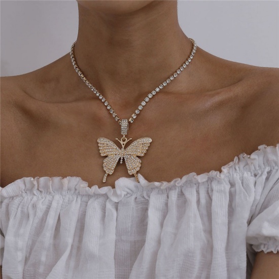 銅 ネックレス ガンメタル 蝶 透明 ラインストーン 41cm 長さ、 1 本 の画像