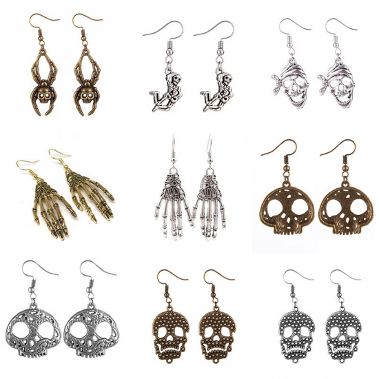 Picture of Halloween Earrings Antique Silver Color Skeleton Skull 1 Pair