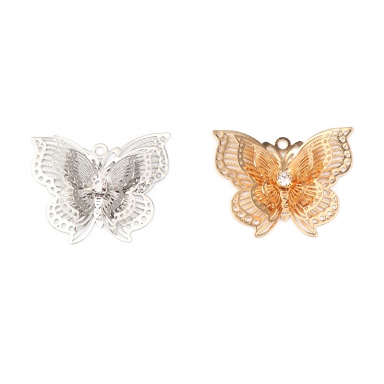 Bild von Kupfer Insekt Anhänger Schmetterling Silberfarbe Filigran Stempel Verzierung Transparent Strass 30mm x 24mm, 5 Stück