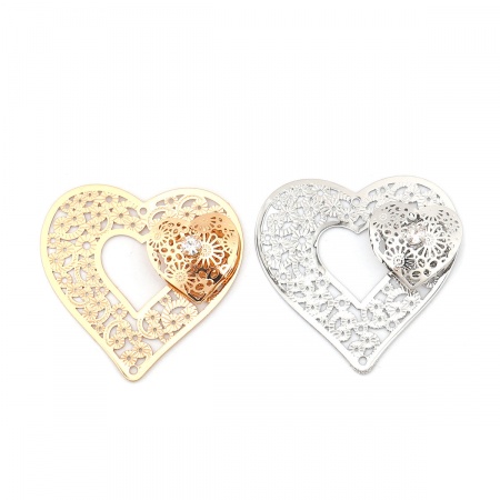 Brass Valentine's Day Connectors Heart Gold Plated & Silver Tone Filigree Stamping Clear Rhinestone 43mm x 43mm, 3 PCs