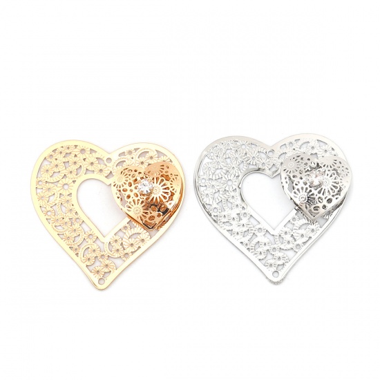 Picture of Brass Valentine's Day Connectors Heart Gold Plated & Silver Tone Filigree Stamping Clear Rhinestone 43mm x 43mm, 3 PCs                                                                                                                                        