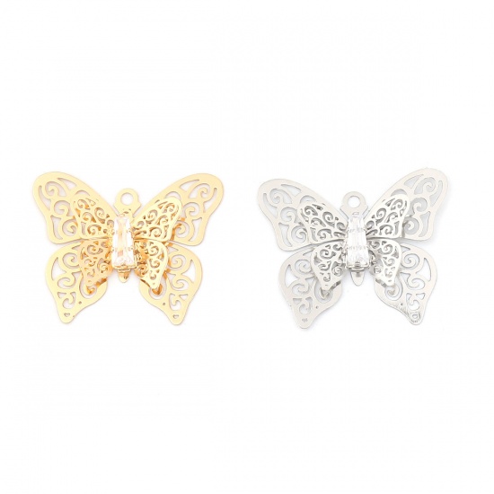 Image de Breloques Insecte en Cuivre Papillon Argent Mat Estampe en Filigrane à Strass Transparent 26mm x 22mm, 5 Pcs