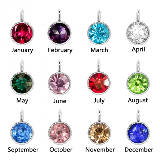 Picture of Zinc Based Alloy & Glass Birthstone Charms Round December Silver Tone Lake Blue 9mm x 6mm, 10 PCs