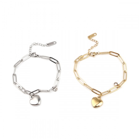 Stainless Steel Bracelets Gold Plated Oval Heart Clear Cubic Zirconia 16.5cm(6 4/8") long, 1 Piece