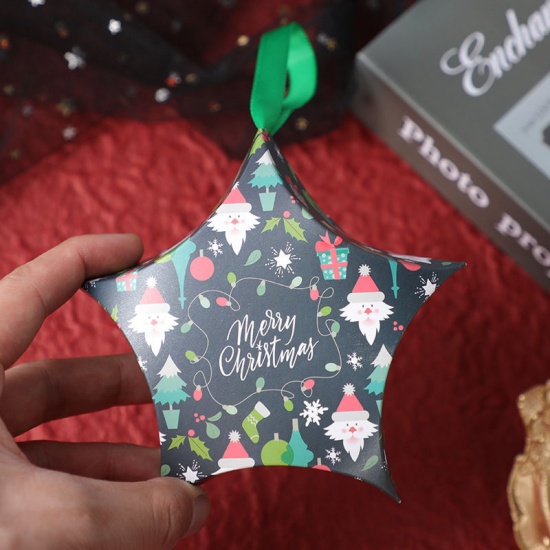 Picture of Paper Candy Box Dark Green Star Christmas Santa Claus 12cm x 12cm, 1 Piece