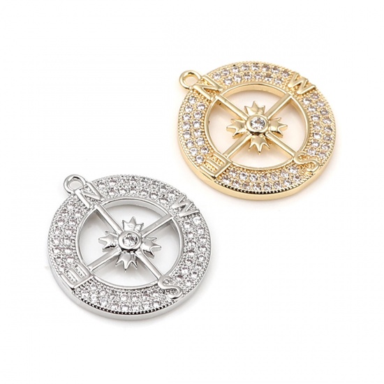 Imagen de Copper Micro Pave Charms 18K Real Platinum Plated Compass Clear Rhinestone 21mm x 19mm, 1 Piece