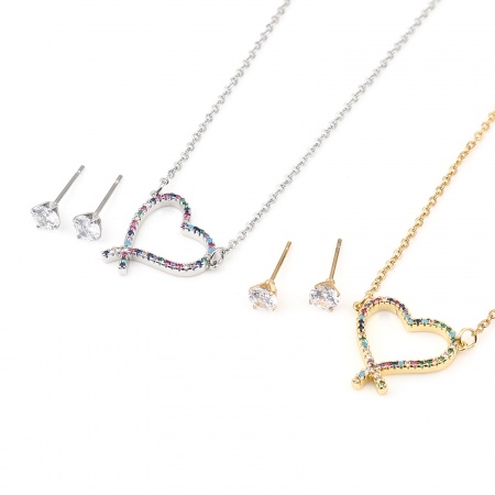 Stainless Steel & Copper Valentine's Day Jewelry Necklace Earrings Set Round Heart Micro Pave Multicolour Cubic Zirconia 