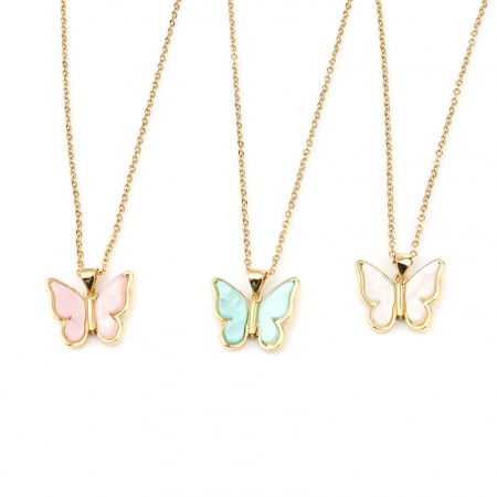 Stainless Steel & Copper Insect Necklace Gold Plated Pink Butterfly Animal 44cm(17 3/8") long, 1 Piece