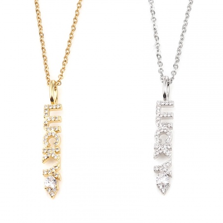 Stainless Steel & Copper Necklace Gold Plated Message " Lucky " Clear Cubic Zirconia 44cm(17 3/8") long, 1 Piece