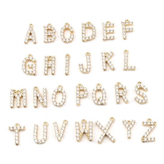 Picture of Brass Charms Gold Filled Capital Alphabet/ Letter Clear Rhinestone 13mm x 8mm, 5 PCs                                                                                                                                                                          