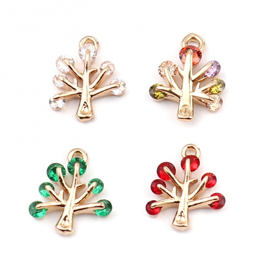 Image de Breloques en Cuivre Arbre Doré à Strass Transparent 13mm x 10mm, 5 Pcs
