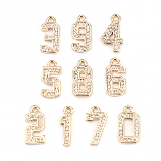 Image de Breloques en Cuivre Chiffre Doré Mots Gravés" 6" à Strass Transparent 12mm x 6mm, 3 Pcs