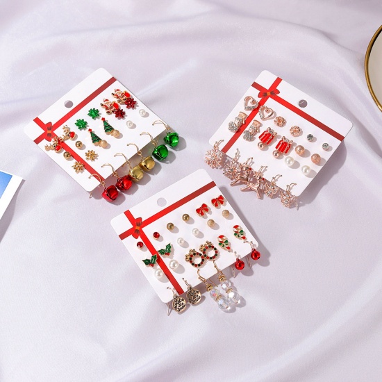 Picture of Earrings Mixed Color Christmas Snowflake Deer Clear Rhinestone Imitation Pearl 28mm long- 4mm long, 1 Set ( 12 Pairs/Set)
